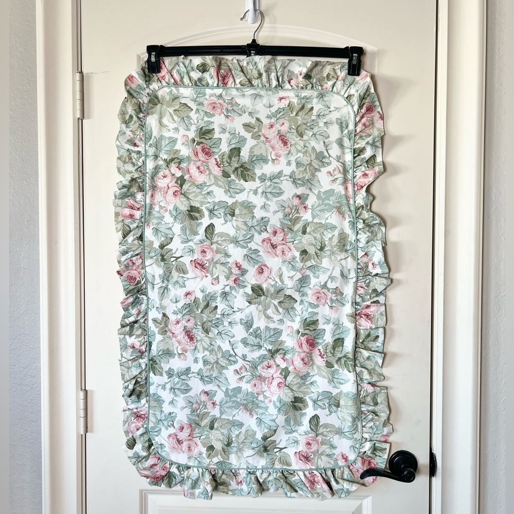 Laura Ashley King Size Rose floral pillow sham with sage green piping and ruffle